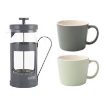 Coffee Gift Set Grey With Two Ceramic Coffee Mugs 