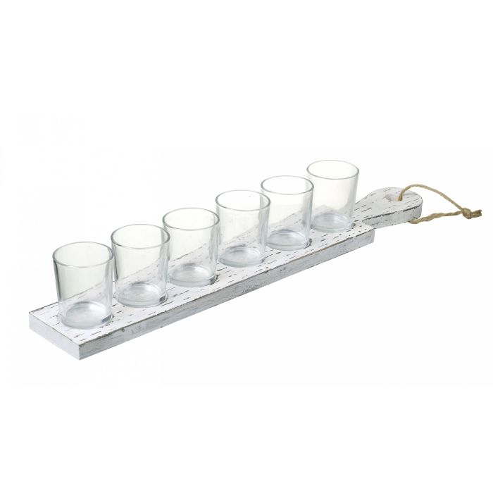Multi glass tealights on a whitewashed paddle